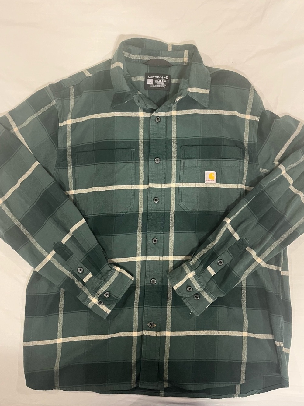 Carhartt Green and White Plaid Button-Up Work Shirt